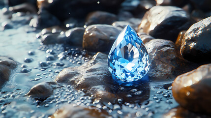 Blue gem pear cut resting on wet rocks. Diamond Shore. Illustration