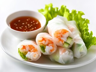 Rice paper rolls with dipping sauce. Featuring fresh rice paper rolls. Highlighting the light and healthy nature of the dish. Ideal for culinary and health food visuals.