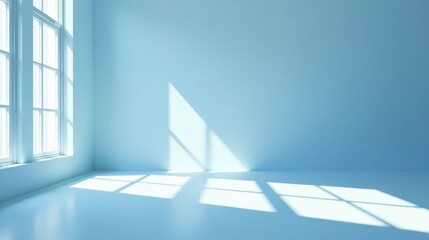 Obraz premium Serene Light Illuminates Empty Room with a Single Window Casting Shadows on Pale Blue Walls and Floor