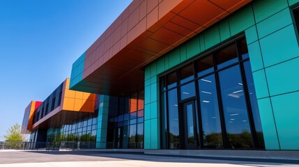 Obraz premium Colorful modern building exterior, sunny day, landscaping, commercial real estate