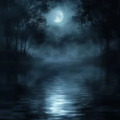 Mystical moonlit night scene with foggy lake and trees reflected in calm water.