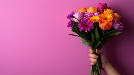 Colorful spring bouquet held against pink background. Perfect for greeting cards, websites