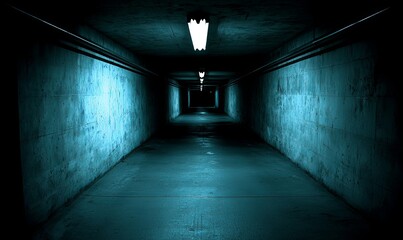 Dark teal pedestrian tunnel with lights, eerie atmosphere