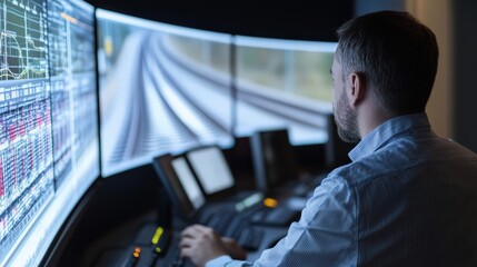 A man is sitting in front of a computer monitor with a train on the screen