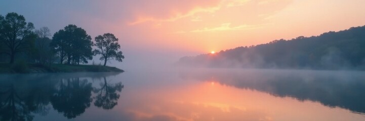 Naklejka premium Misty dawn over a serene lake with trees reflected in the calm water, lakeside, peaceful atmosphere, calm environment