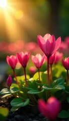 Obraz premium Cyclamen blooms in a sunny spot with warm rays of light, sun, leaves