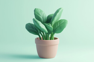 Spinach in gardening pot, Selective focus green leaf plant in pottery, 3d rendering spinach leaf on pastel background.