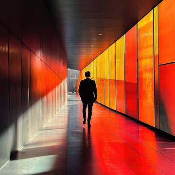 Silhouette of Businessman Walking Through Vibrant Colorful Corridor in Modern Building Interior Photograph