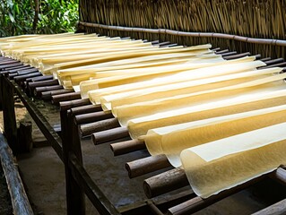Rice paper sheets drying. Featuring rice paper sheets drying under the sun. Highlighting traditional food preparation and natural drying process. Ideal for culinary and cultural visuals.