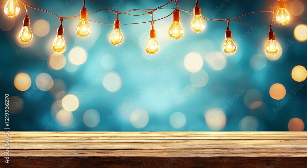 Poster empty wooden table with glowing string lights against blurred bokeh background for product display