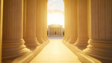 Supreme Court building exterior at sunset, symbolizing justice, law, and the enduring principles of democracy under the warm glow of twilight.