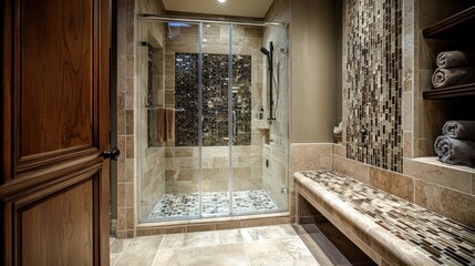 Fototapeta premium A bathroom with a bench and a shower stall
