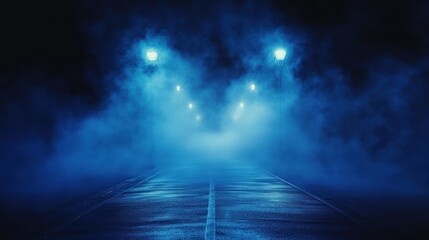 Obraz premium Mysterious Blue Fog on an Empty Street at Night with Soft Glow and Dramatic Shadows