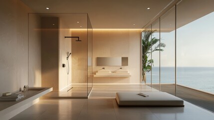 A bathroom with a shower and a sink