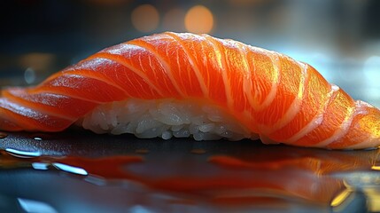 A piece of sushi featuring salmon on rice.