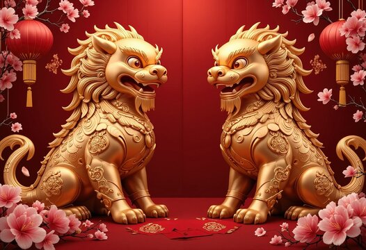 Two ornate golden foo dogs face each other, surrounded by cherry blossoms and red lanterns, symbolizing prosperity and good fortune for the new year.