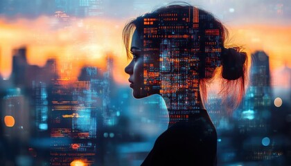 Silhouette of Woman in Cyberpunk Cityscape with Digital Overlays at Sunset
