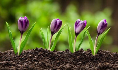 Obraz premium Four purple crocuses blooming in spring garden with blurred green background
