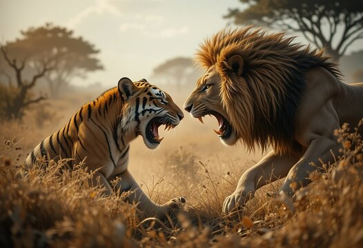 A tiger and a lion face each other aggressively in a golden savanna, their intense stare hinting at an imminent conflict.