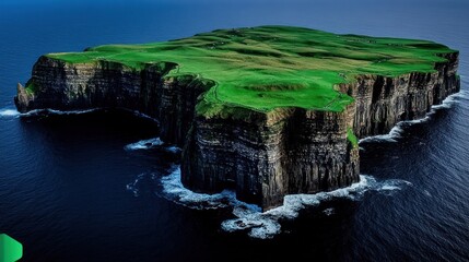 Aerial view of a green cliff island surrounded by ocean.