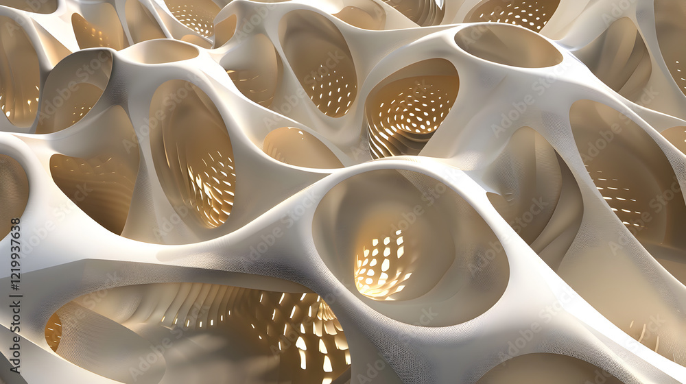 Fototapete abstract organic structure with smooth curves and illuminated openings.