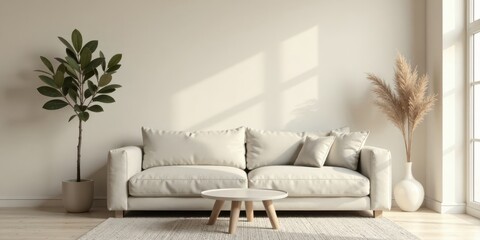 Serene Living Room with Neutral Tones and Natural Decor Elements Featuring a Comfortable Sofa and Stylish Accents