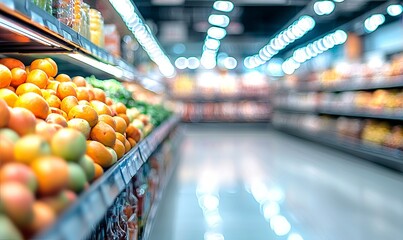 Fresh produce aisle in grocery store with bokeh background, ideal for retail marketing