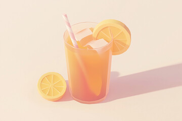 3d rendering lemon juice with fresh lemon sliced, Selective focus lemonade on pastel background, 3d cartoon style iced lemon tea.