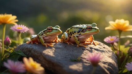 Two vibrant frogs resting on a rock surrounded by colorful flowers in a serene garden setting