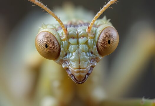 A detailed close-up photograph reveals the intricate features of a mantis head, showcasing its large compound eyes and unique facial structure.