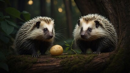 Two hedgehogs curiously observe a small egg on a mossy log in a serene forest setting