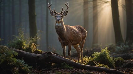 Majestic deer stands in a sunlit forest, surrounded by mist and lush greenery, evoking tranquility