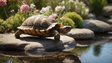 Fototapeta premium A serene tortoise basking on a rock by a tranquil pond surrounded by vibrant flowers