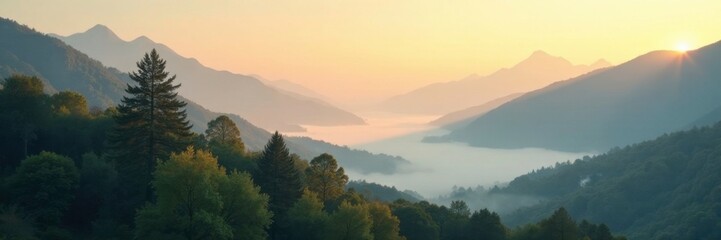 Obraz premium Misty dawn with trees and mountains bathed in soft light, still, gentle, natural