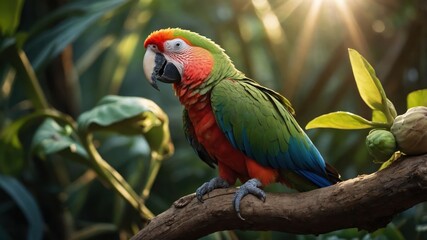 Obraz premium Vibrant macaw perched on a branch amidst lush greenery, sunlight filtering through leaves