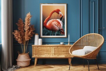 A vibrant flamingo painting hangs above a light wood console table in a room with teal walls and pampas grass.