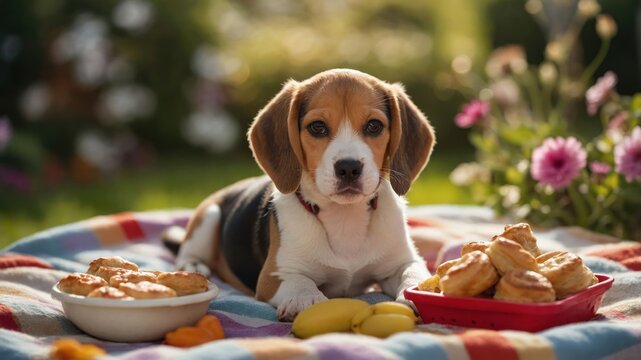 Adorable beagle puppy sitting on a picnic blanket surrounded by snacks in a sunny garden - Powered by Adobe
