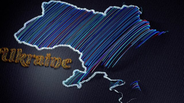 3D animation of an embroidered map of Ukraine. The colorful threads and fabric are shown from various perspectives, with motion effects highlighting the details and the word Ukraine.