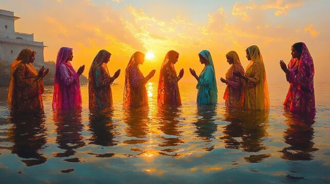 Serene Ritual at Sunset with Women in Colorful Saris Standing in Water