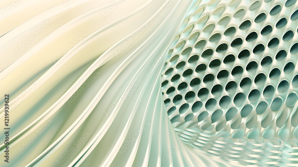 Poster abstract design featuring smooth curves and perforated surfaces in soft colors.