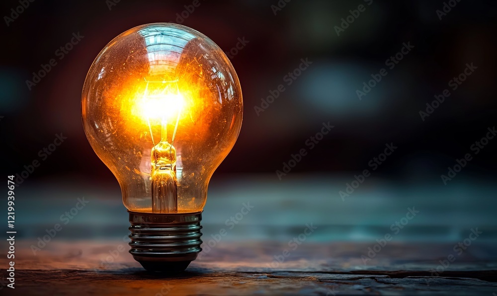 Poster glowing lightbulb on rustic wooden surface with dark background, ideal for innovation concepts
