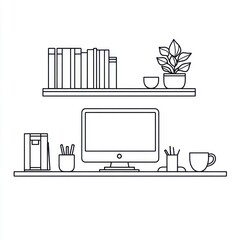 Obraz premium Minimalist Line Art Desk Setup with Books and Plant