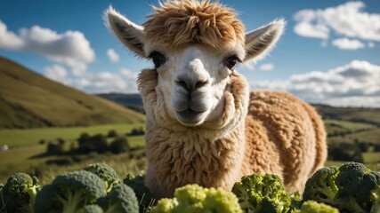 Obraz premium A cheerful alpaca stands amidst fresh broccoli in a picturesque green landscape under blue skies