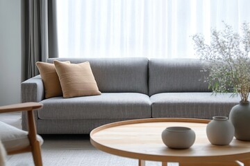 Fototapeta premium Scandinavian Living Room with Gray Sofa and Natural Light