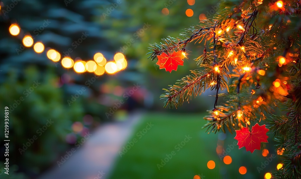 Poster glowing maple leaves & string lights on a tree in a garden at dusk