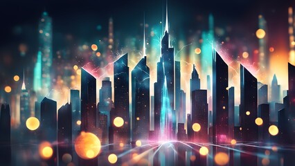 Obraz premium Futuristic cityscape at night with vibrant neon lights and energy streaks illuminating sleek skyscrapers.