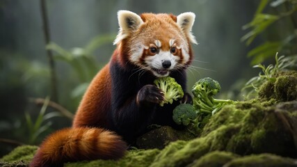 Naklejka premium Adorable red panda enjoying fresh broccoli amidst lush greenery in a serene forest setting