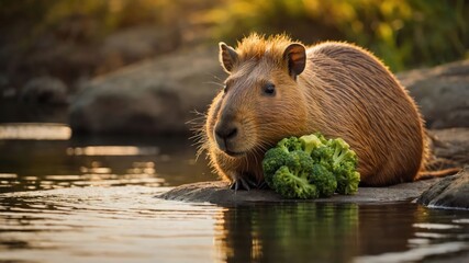 Capybara relaxing by the water's edge while holding a piece of broccoli during sunset