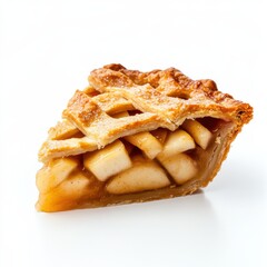 A slice of freshly baked apple pie with a lattice crust, isolated white background, cubism art style