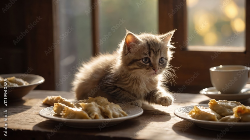 Poster playful kitten curiously exploring a rustic table with plates of food and warm sunlight streaming in